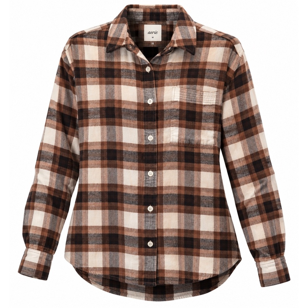 Aerie Plaid Flannel Shirt Women Medium Brown Cotton Gorpcore Granolagirl Vintage
